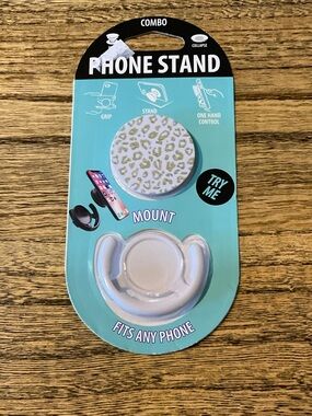 NWT Universal Phone Stand, fits any phone, white & gold animal print